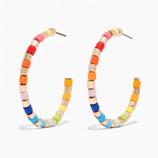 Multi-Colored Rainbow Beaded Statement Hoop Earrings