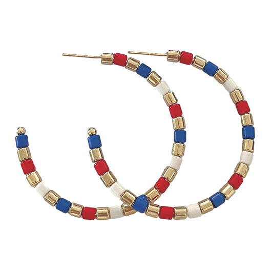 Red, White, & Blue Patriotic Beaded Hoop Statement Earrings